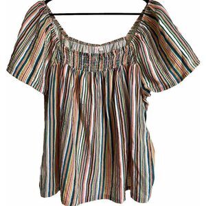 Joyspun XL Striped Multicolor Cotton Teal Pink White Retro Boho Gauzy Top